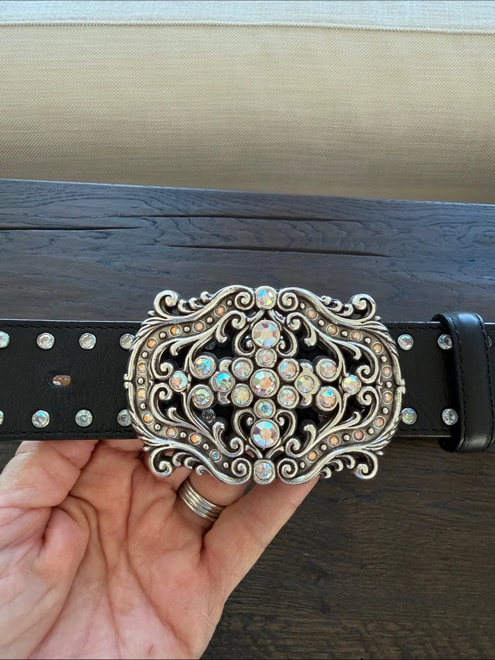 Tony Lama Studded Black Leather Belt with Ornate Rhinestone Buckle